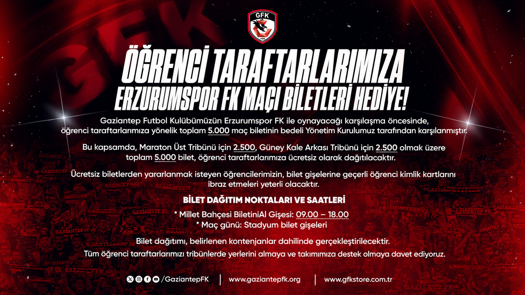 ÖĞRENCİ TARAFTARLARIMIZA ERZURUMSPOR FK MAÇI BİLETLERİ HEDİYE!